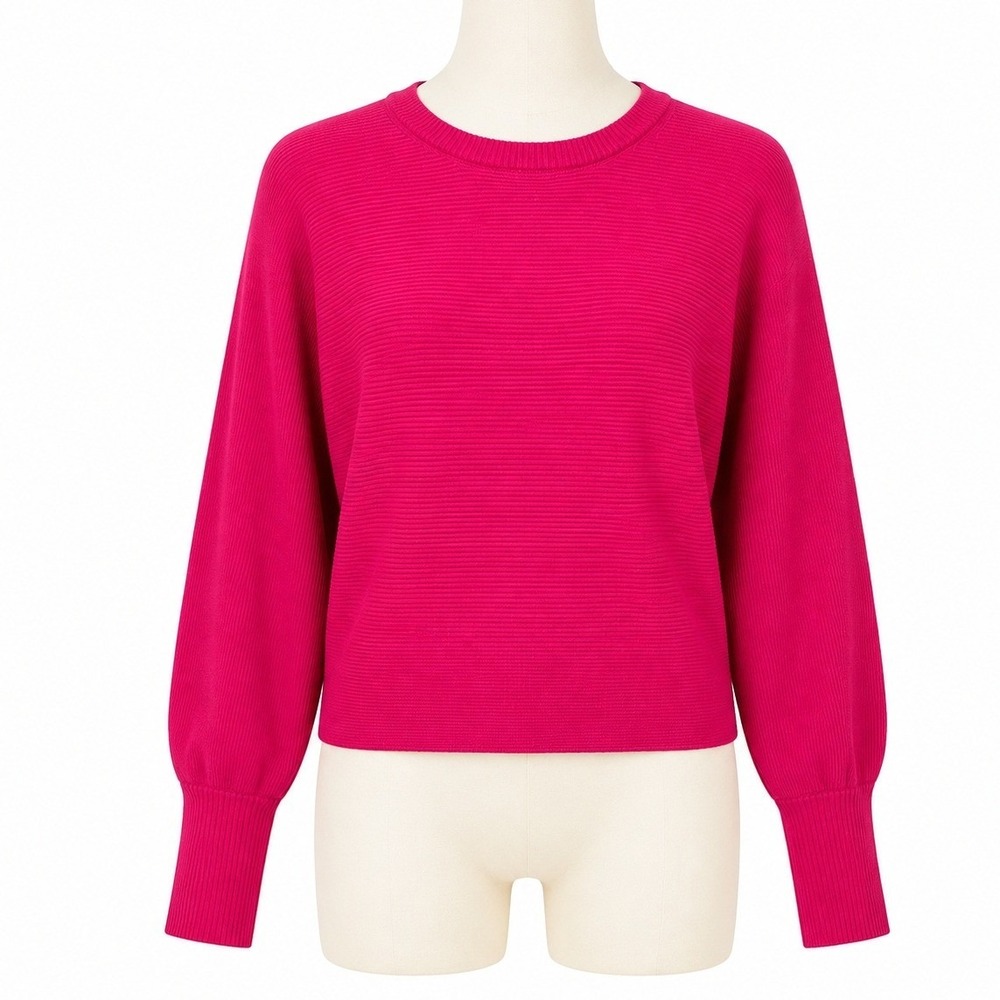 Pink Rose Sweater Medium Hot Pink Ribbed Knit Balloon Sleeve Cropped Crewneck‎